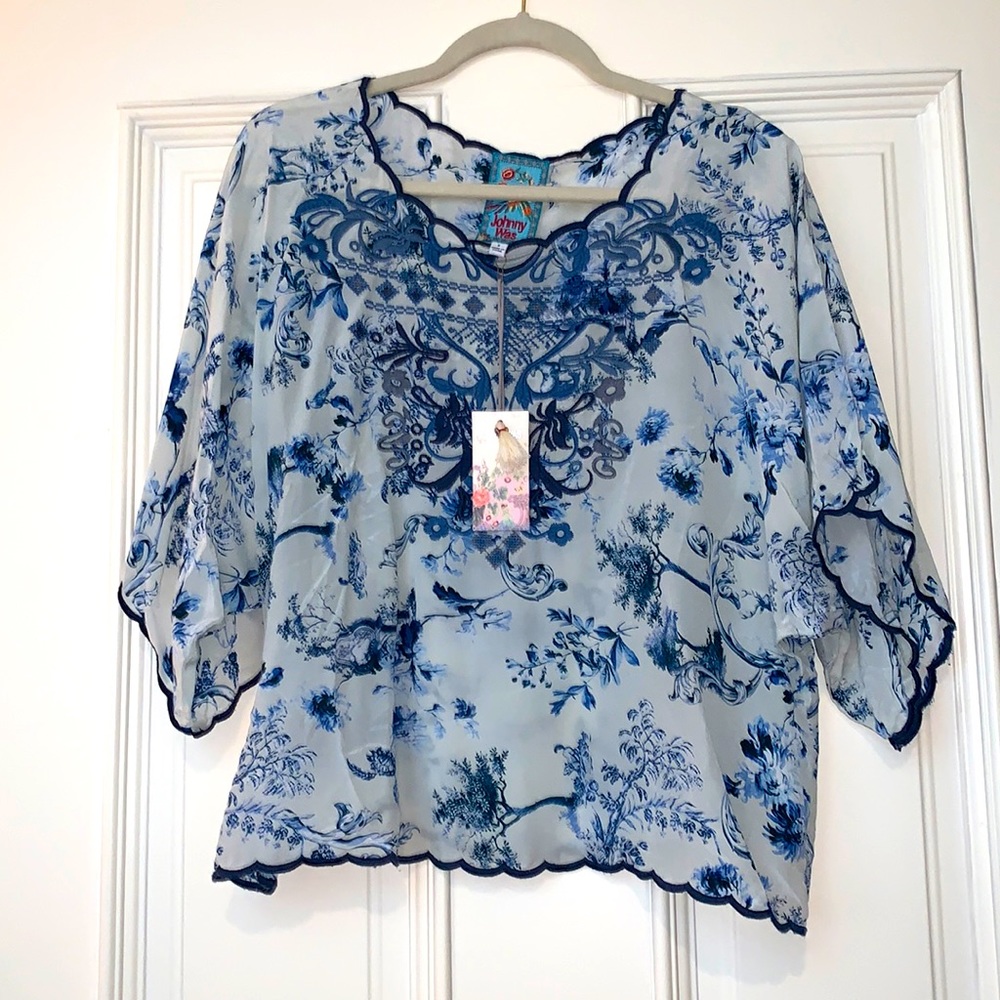 Johnny Was Silk Addy Top in blue toile, blue and gray embroidery